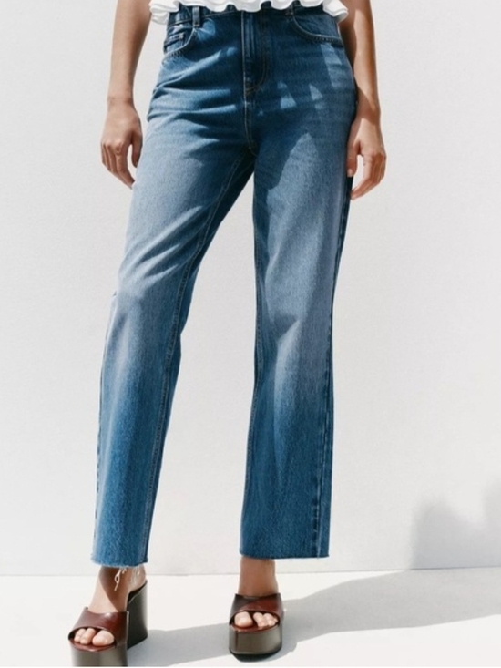Zara Denim - Zara - High-Rise Straight Leg Ankle Rigid Jeans in Mid Blue